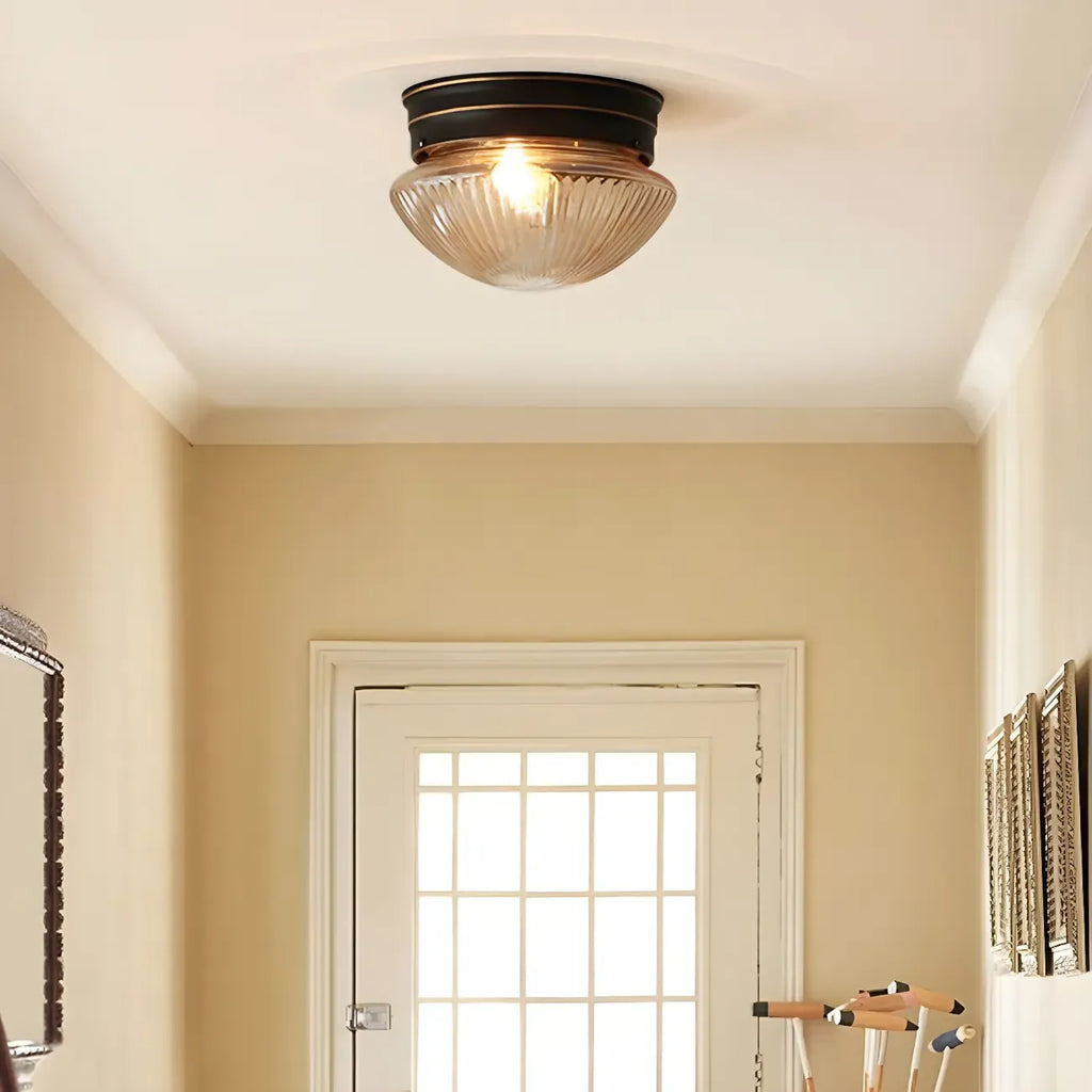 Classic Bronze Amber Ribbed Glass LED Flush Mount Ceiling Light