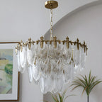 Elegant Brass Ribbed Glass Tiered Chandelier