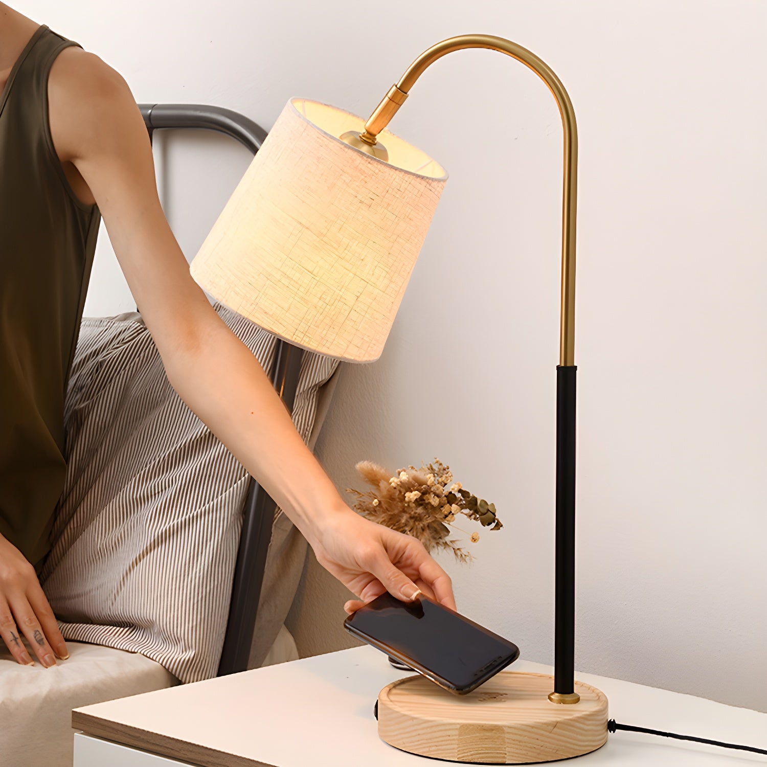 Oriental Arched Wood Fabric Barrel Table Lamp for Bedroom