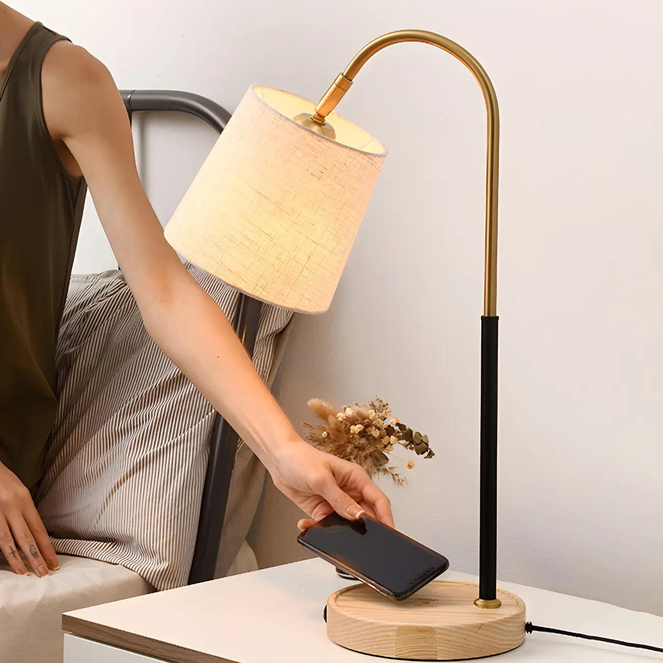 Oriental Arched Wood Fabric Barrel Table Lamp for Bedroom