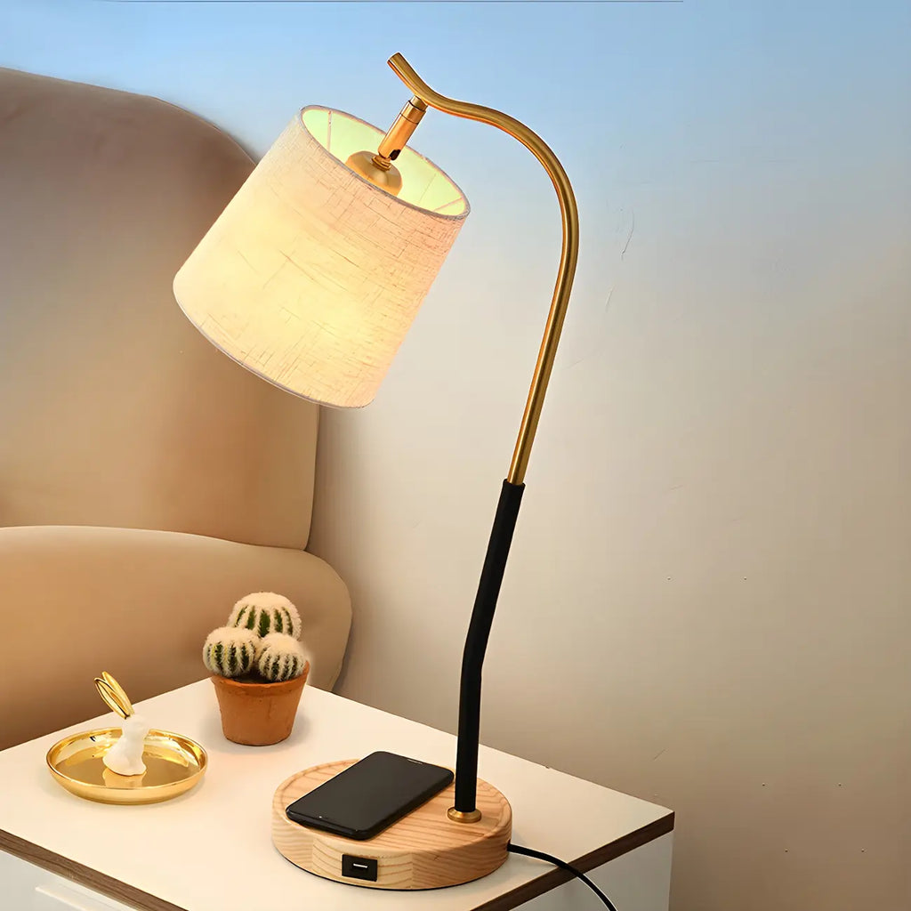 Oriental Arched Wood Fabric Barrel Table Lamp for Bedroom