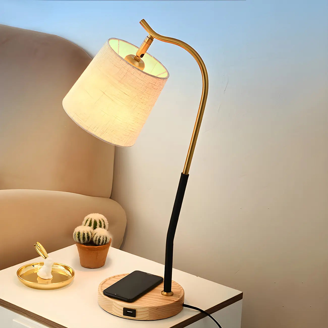 Oriental Arched Wood Fabric Barrel Table Lamp for Bedroom