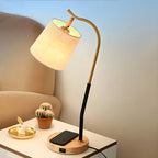 Oriental Arched Wood Fabric Barrel Table Lamp for Bedroom