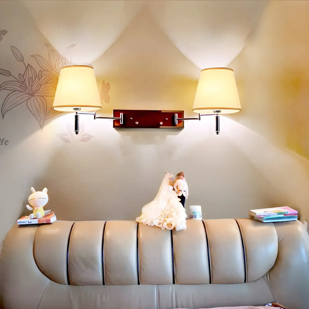 2-Light Silver Swing Arm Fabric Shade Wall Light