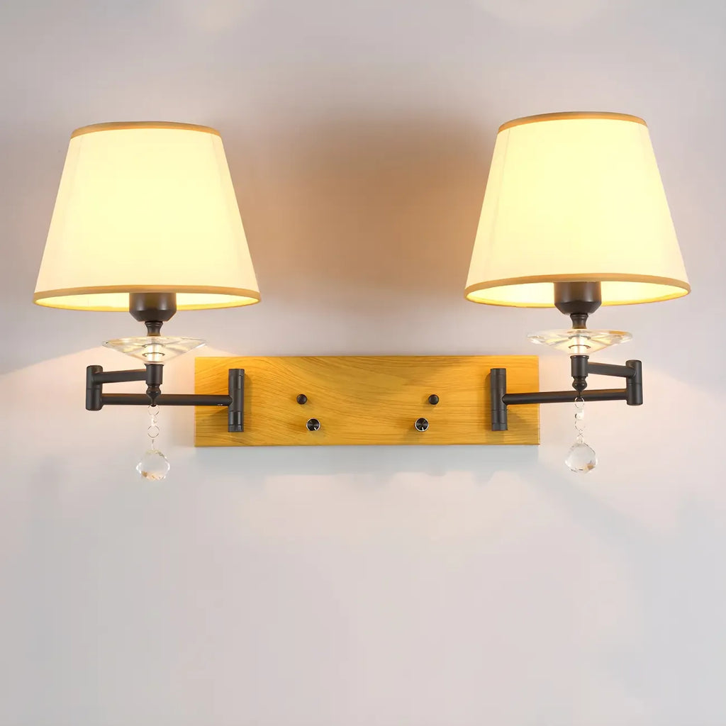 2-Light Silver Swing Arm Fabric Shade Wall Light