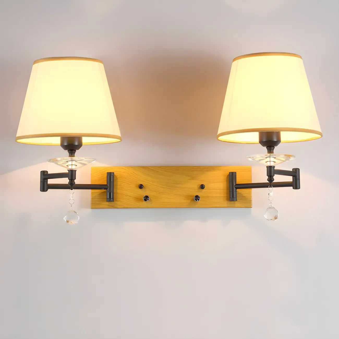 2-Light Silver Swing Arm Fabric Shade Wall Light