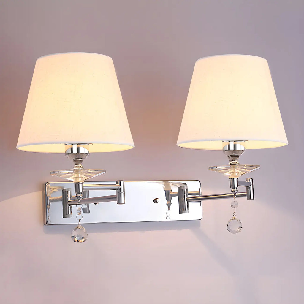 2-Light Silver Swing Arm Fabric Shade Wall Light