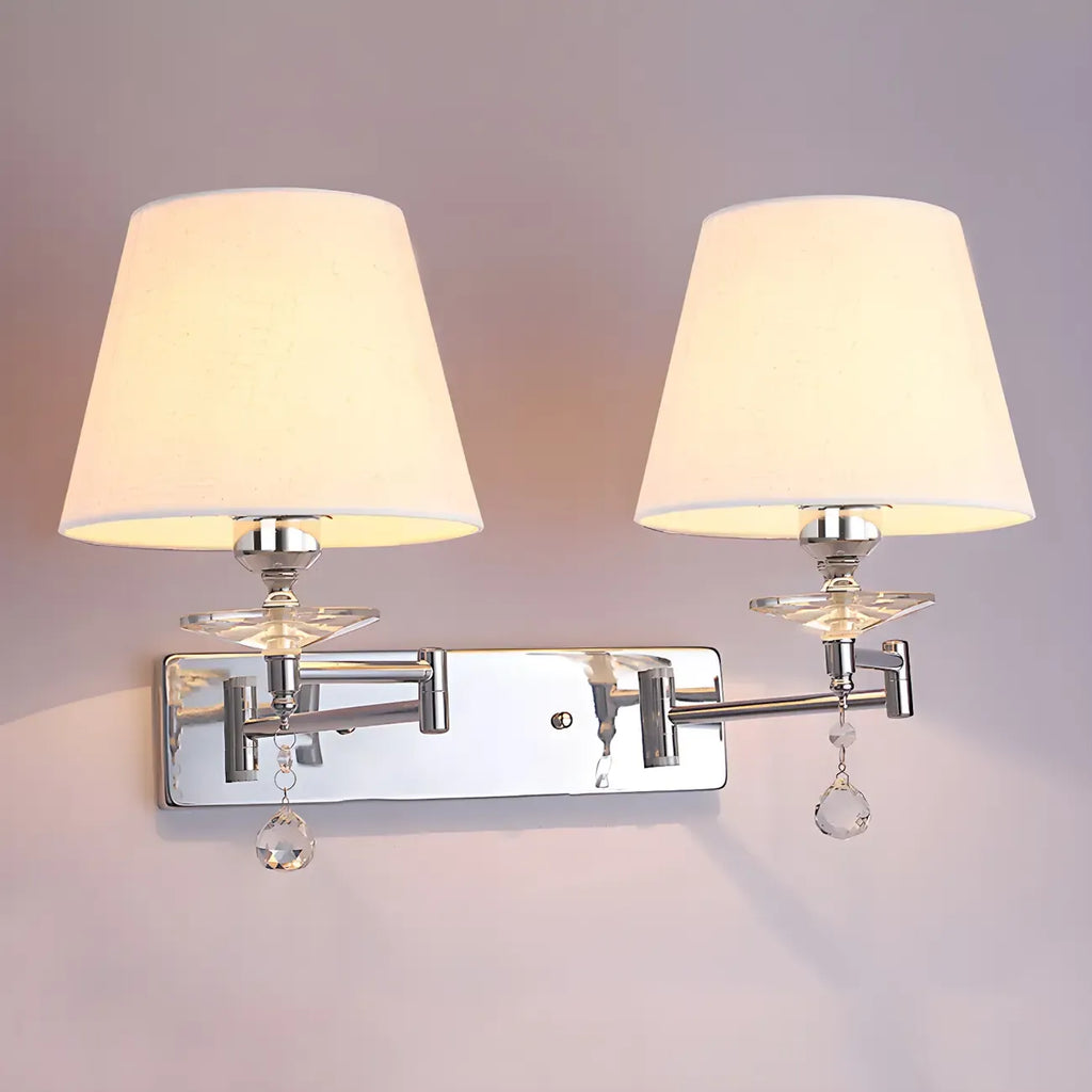 2-Light Silver Swing Arm Fabric Shade Wall Light