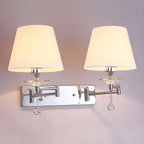 2-Light Silver Swing Arm Fabric Shade Wall Light