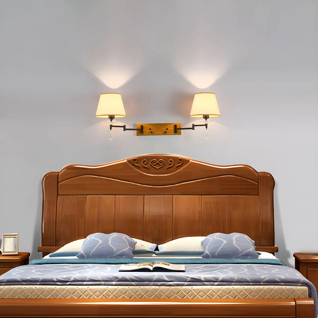 2-Light Silver Swing Arm Fabric Shade Wall Light