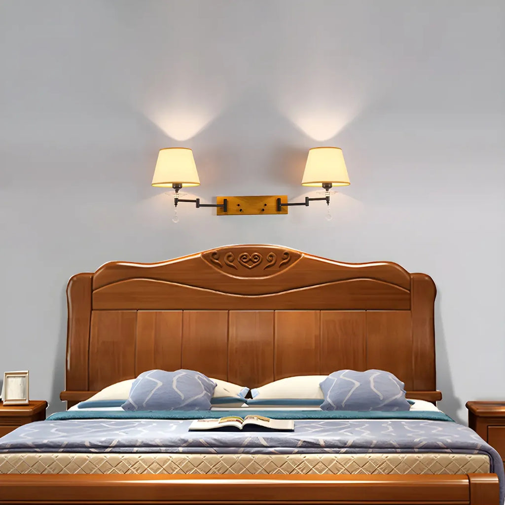 2-Light Silver Swing Arm Fabric Shade Wall Light