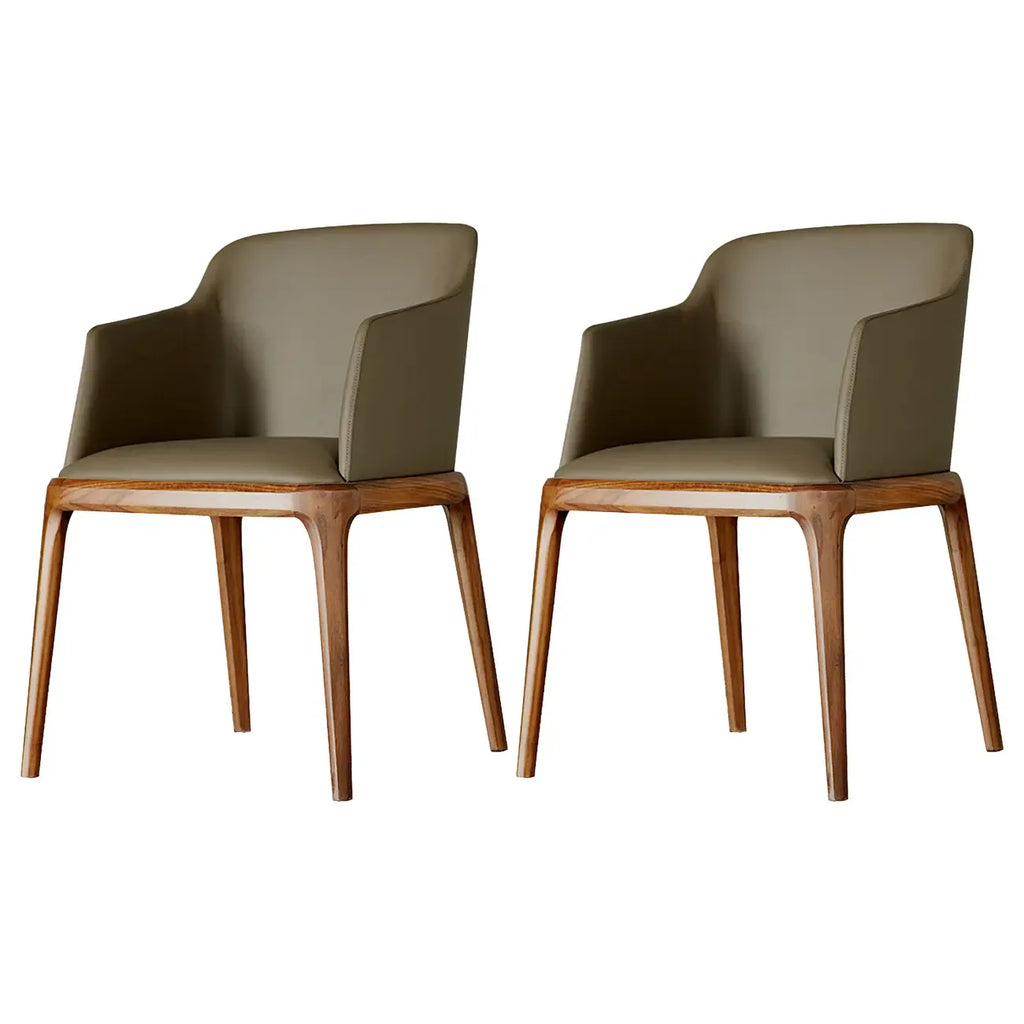 Khaki Leather Wood Legs Armrest Dining Chair