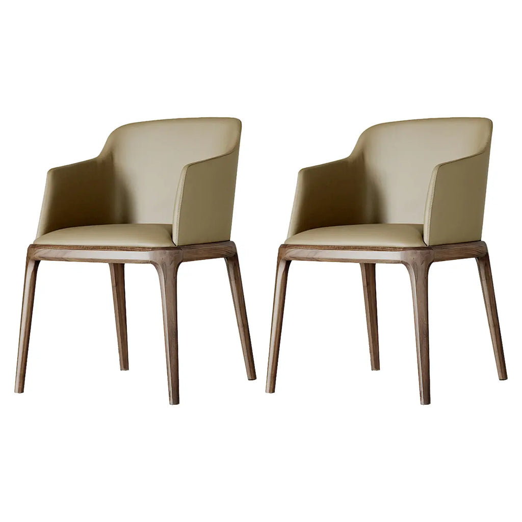 Khaki Leather Wood Legs Armrest Dining Chair