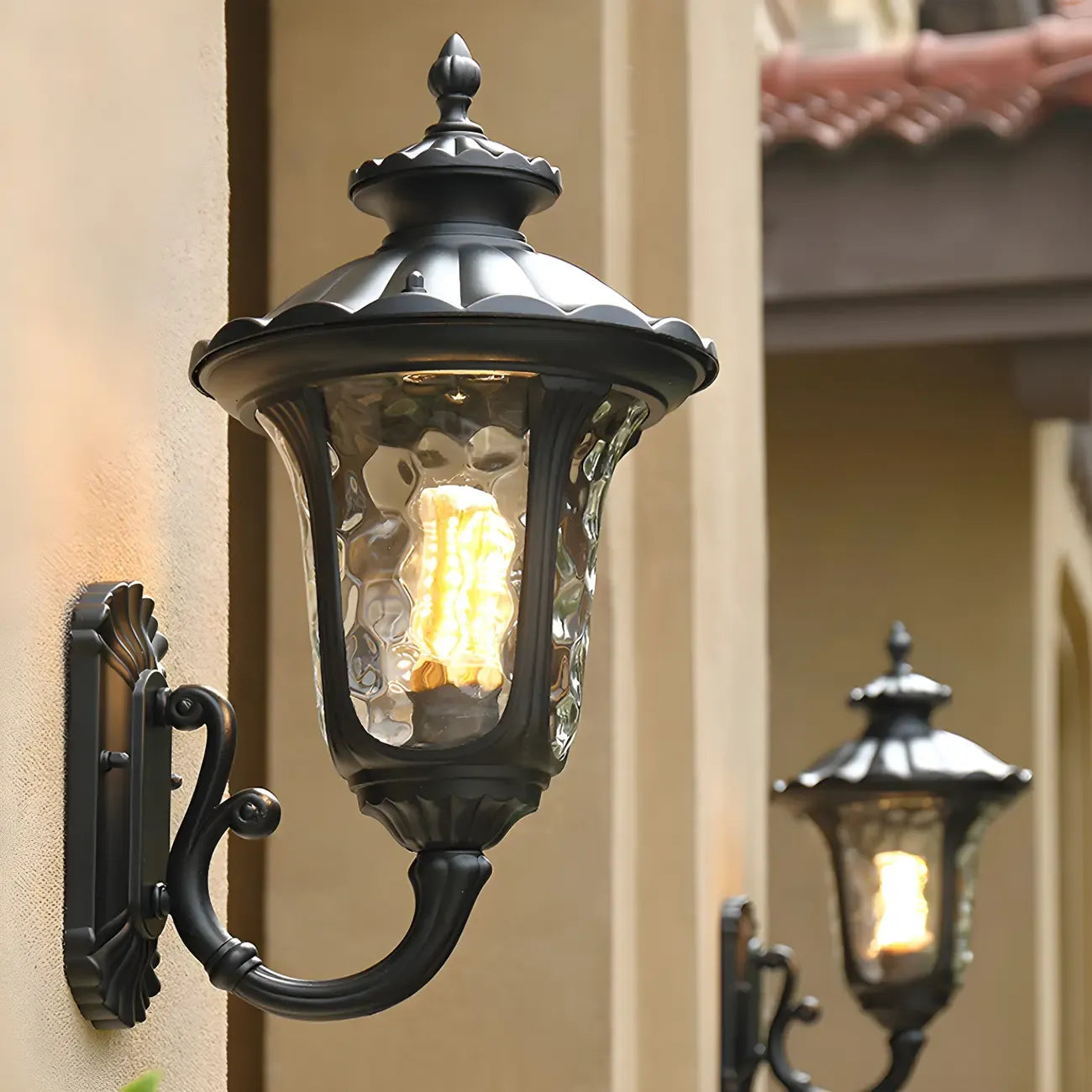 Antique Black Metal Glass Outdoor Wall Lantern Sconce