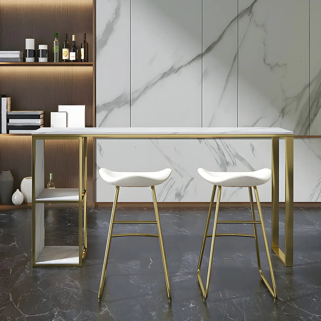 Modern White Faux Marble Iron Sled 2-Shelf Bar Tables