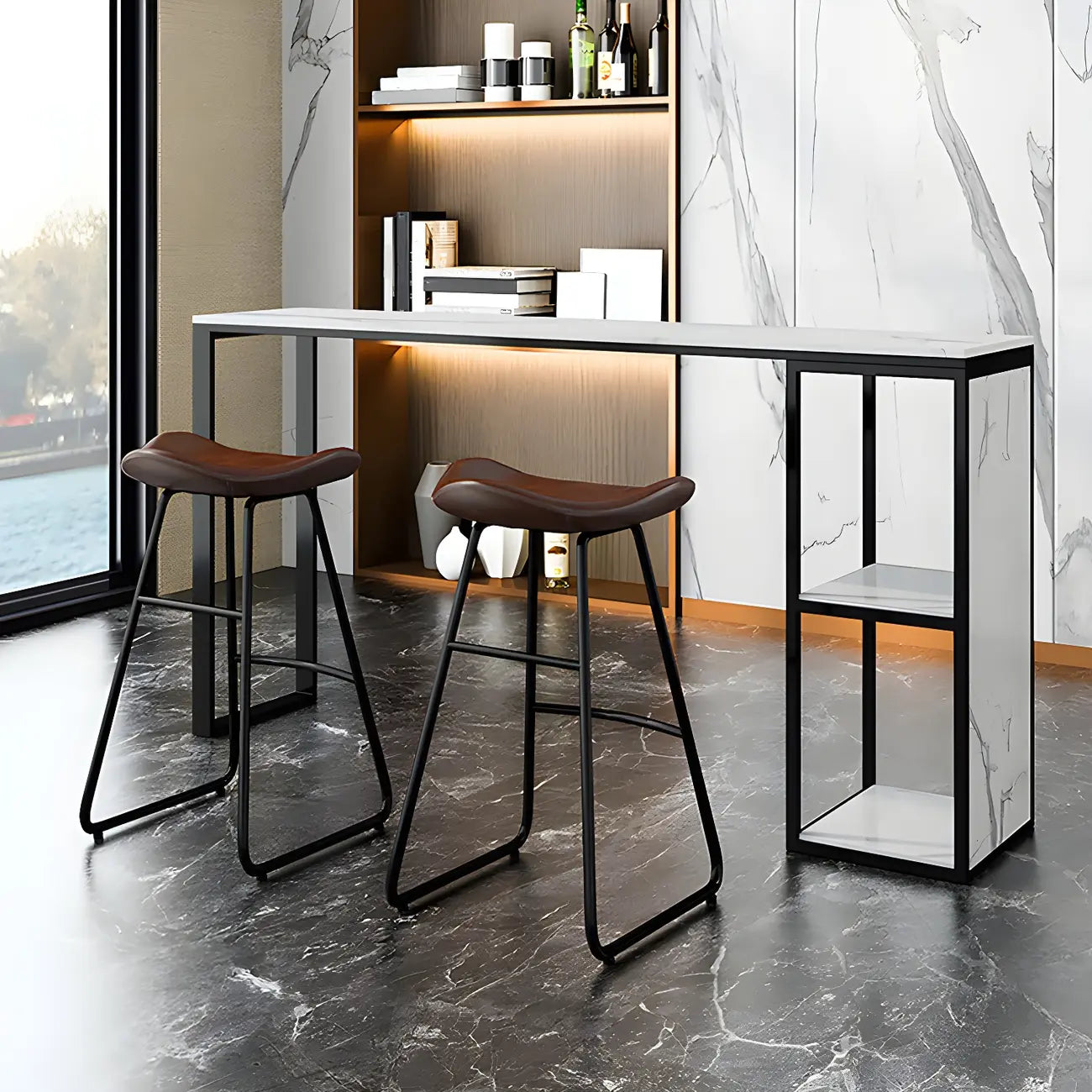 Modern White Faux Marble Iron Sled 2-Shelf Bar Tables