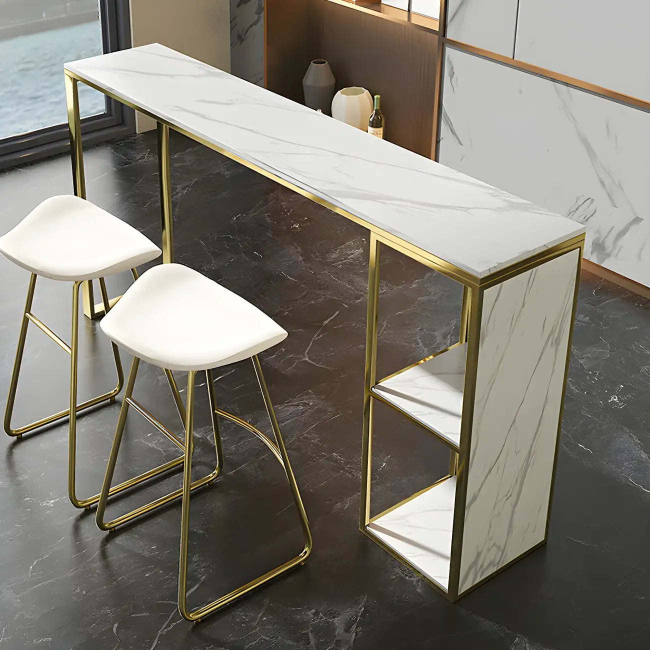Modern White Faux Marble Iron Sled 2-Shelf Bar Tables