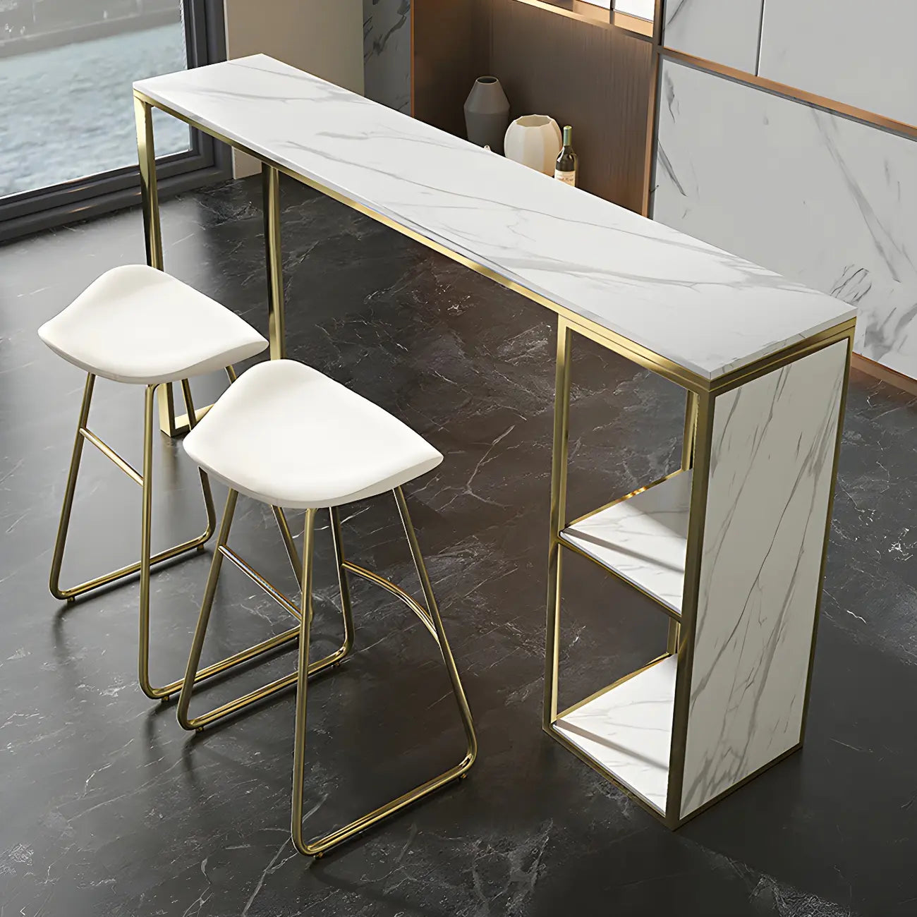 Modern White Faux Marble Iron Sled 2-Shelf Bar Tables