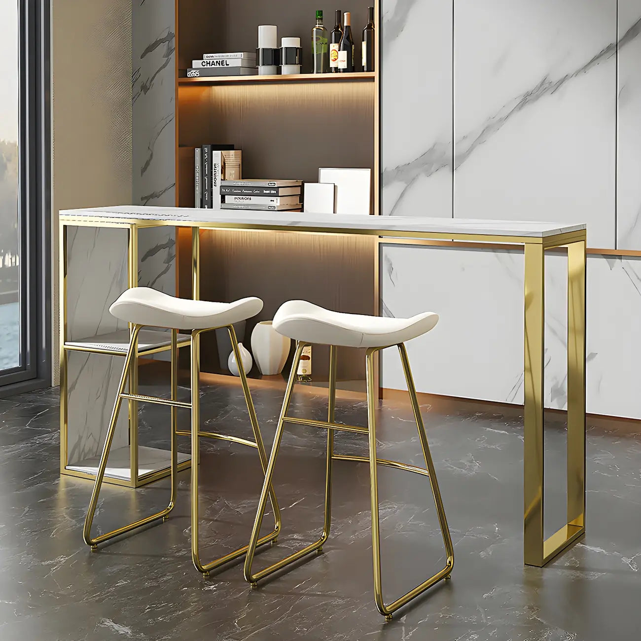 Modern White Faux Marble Iron Sled 2-Shelf Bar Tables