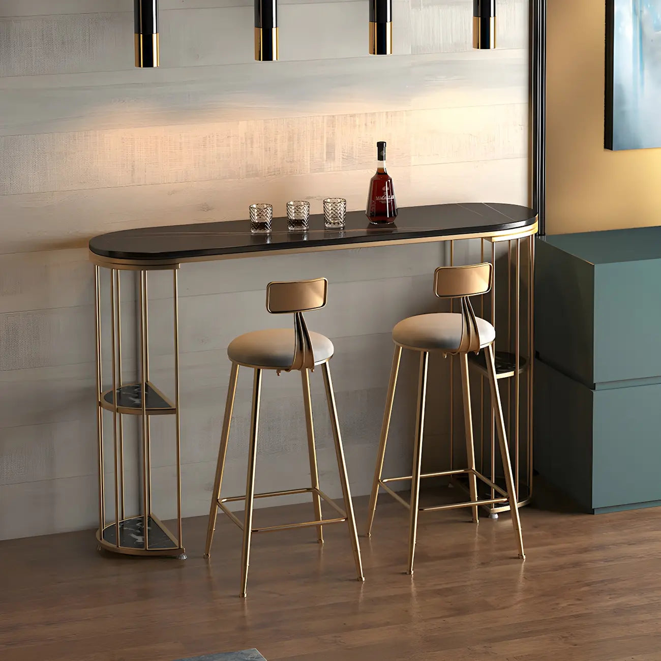 Modern Black Gold Stone Metal Storage Oblong Bar Tables