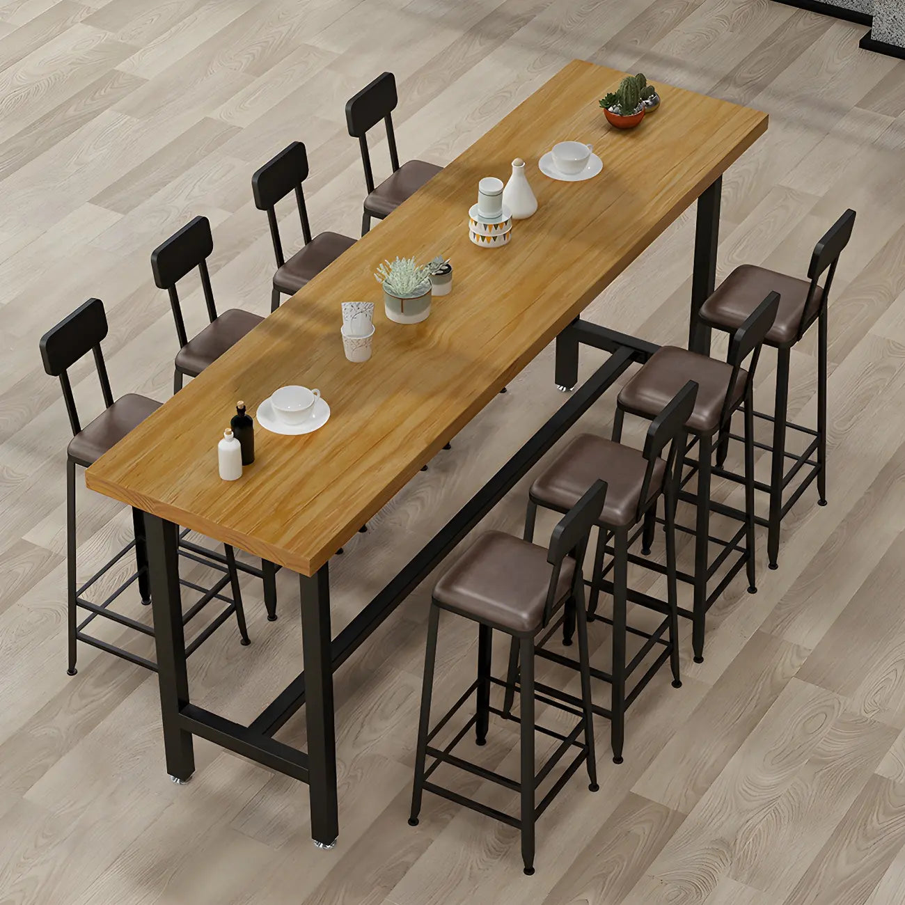 Rectangular Iron Frame Trestle Wood Bar Table with Footrest