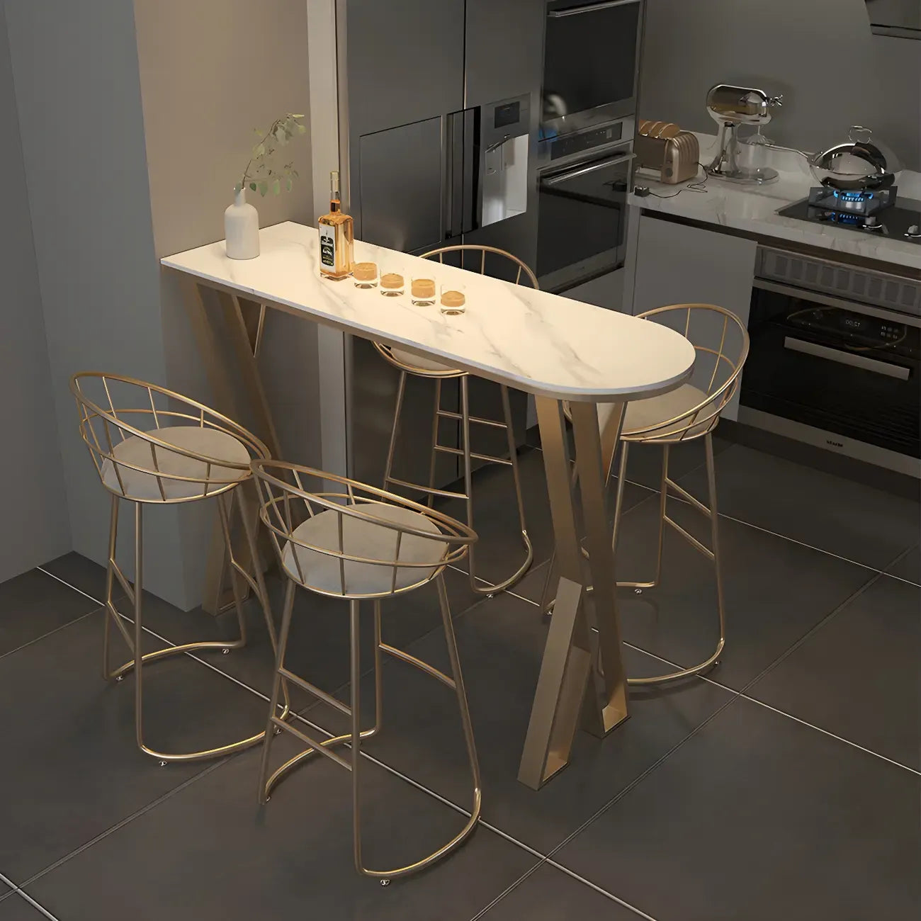 Glam White Stone Gold Iron Free Form Bar Tables for Kitchen