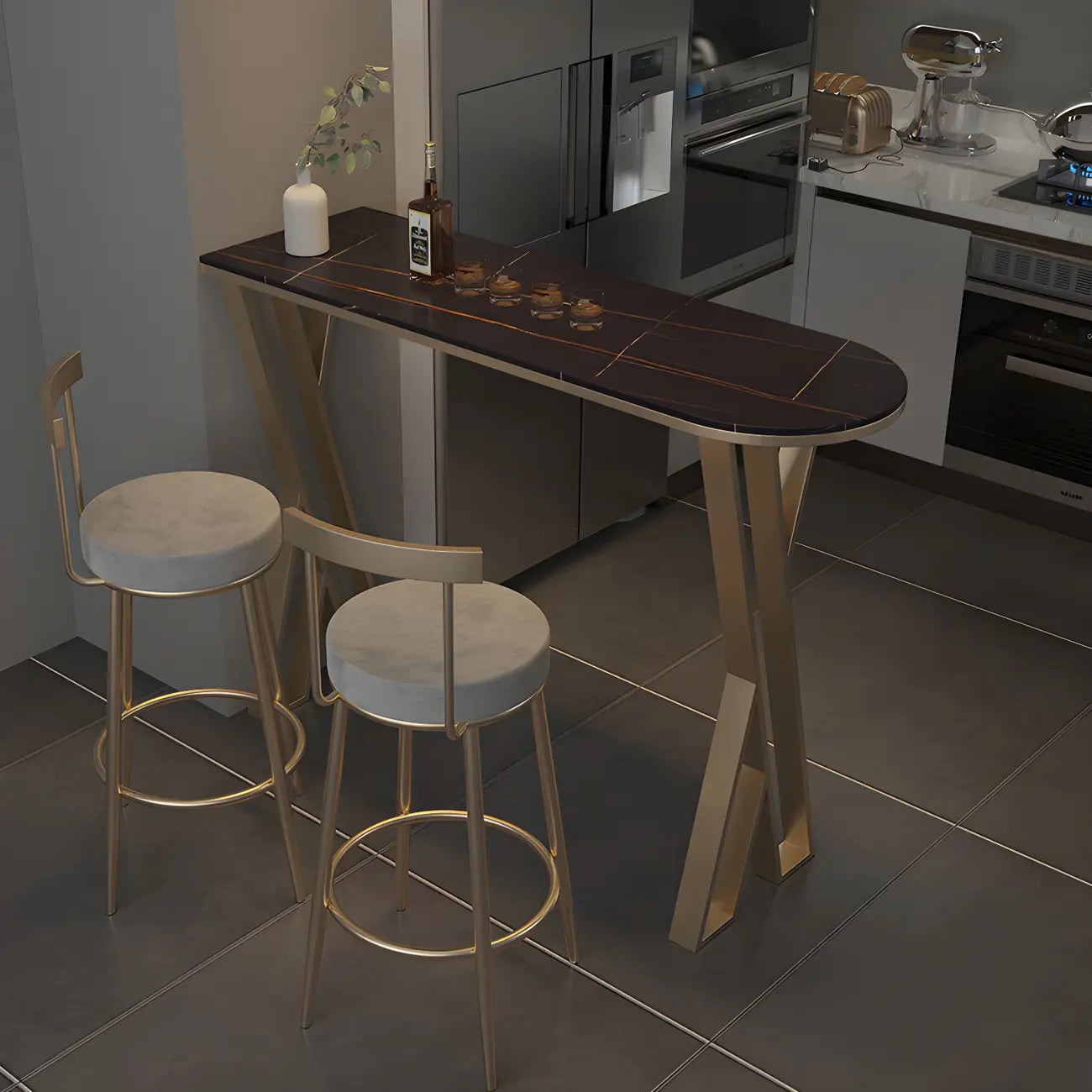 Glam White Stone Gold Iron Free Form Bar Tables for Kitchen