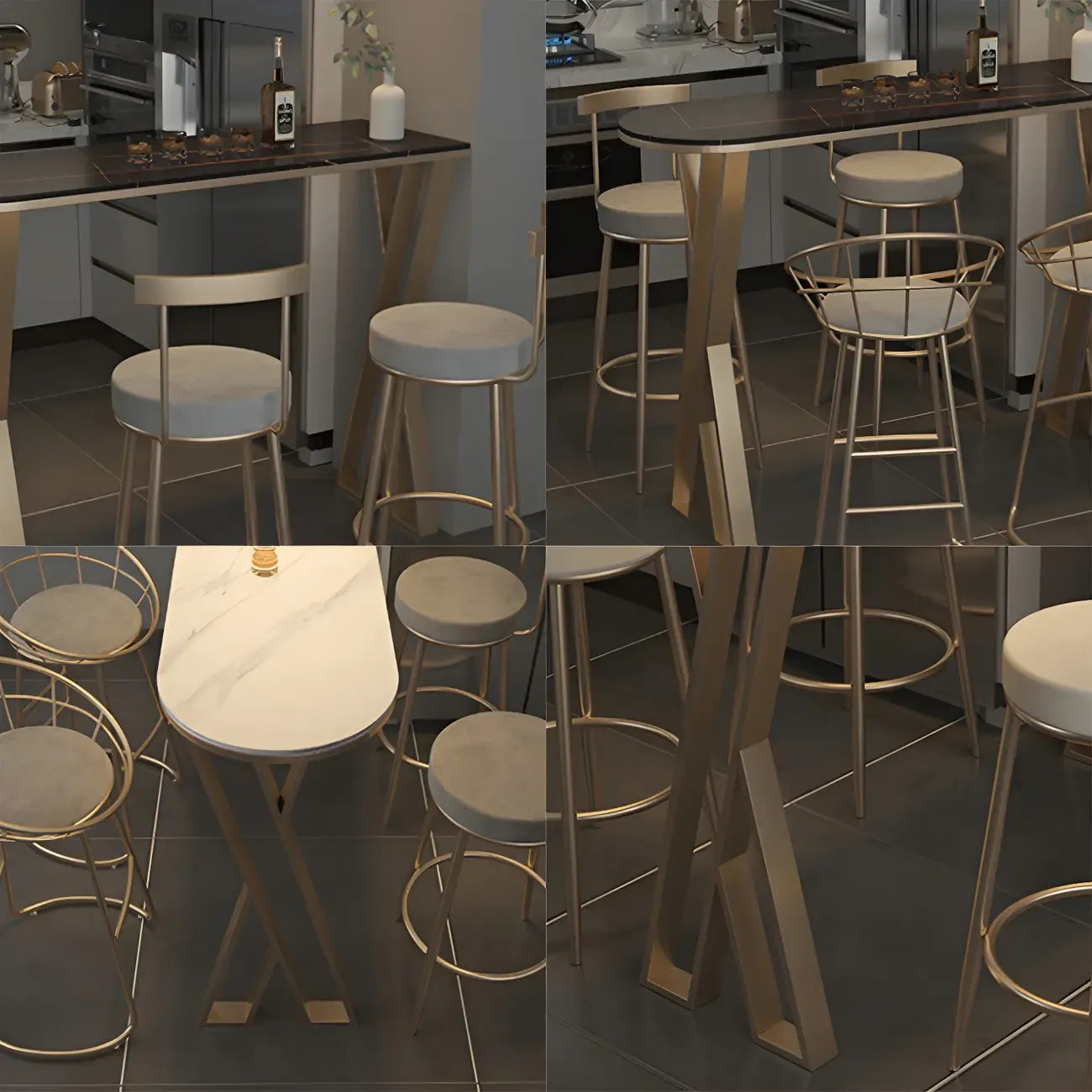 Glam White Stone Gold Iron Free Form Bar Tables for Kitchen