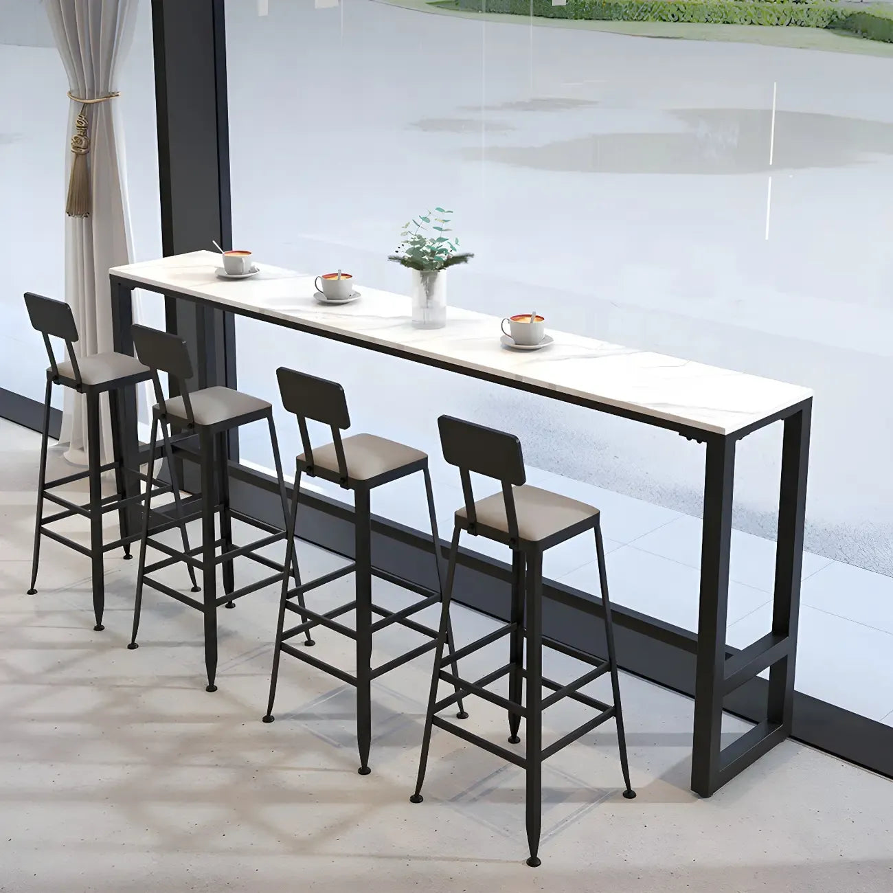 Rectangular White Marble Top Bar Tables with Iron Base