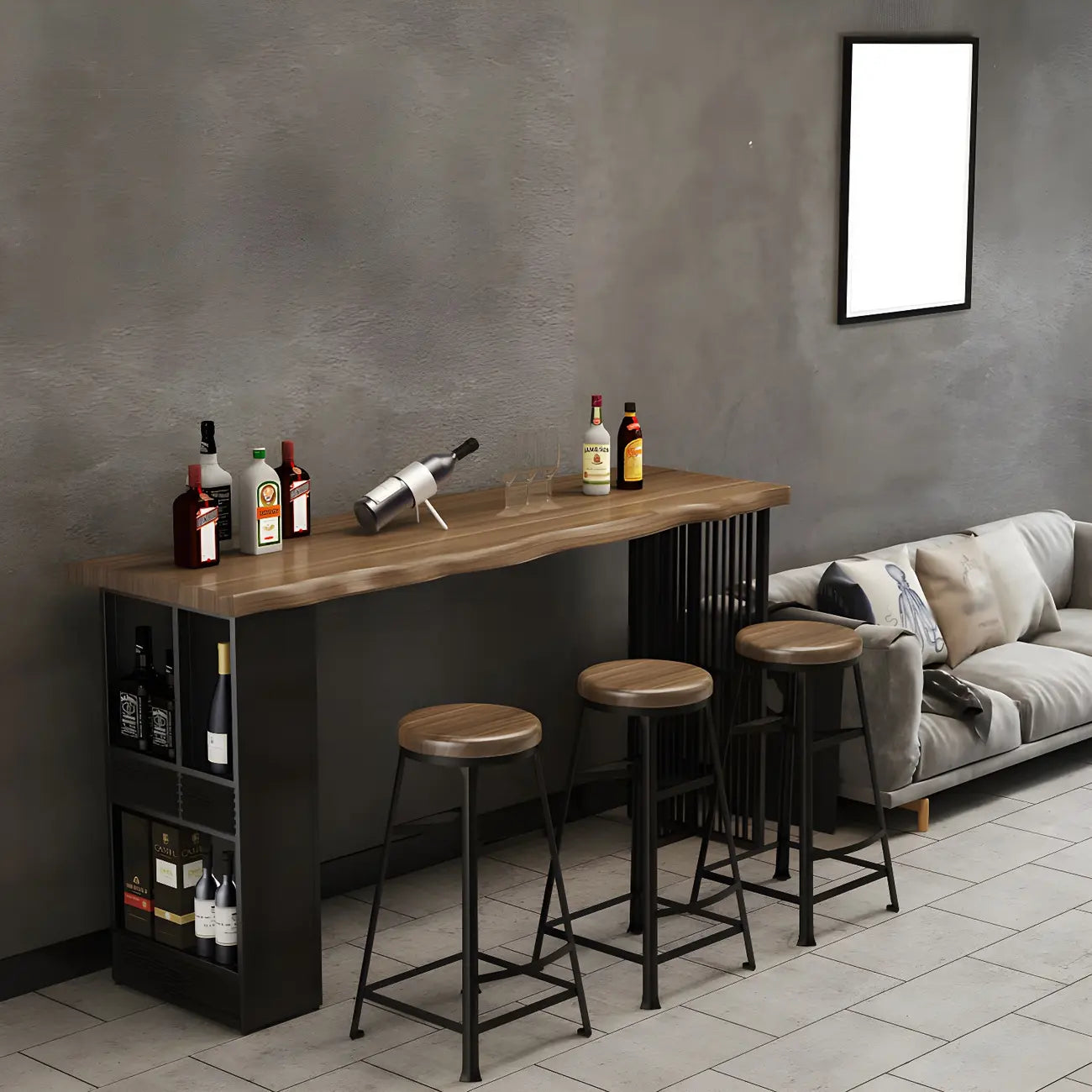 Modern Brown Gold Wooden Iron Storage Bar Tables