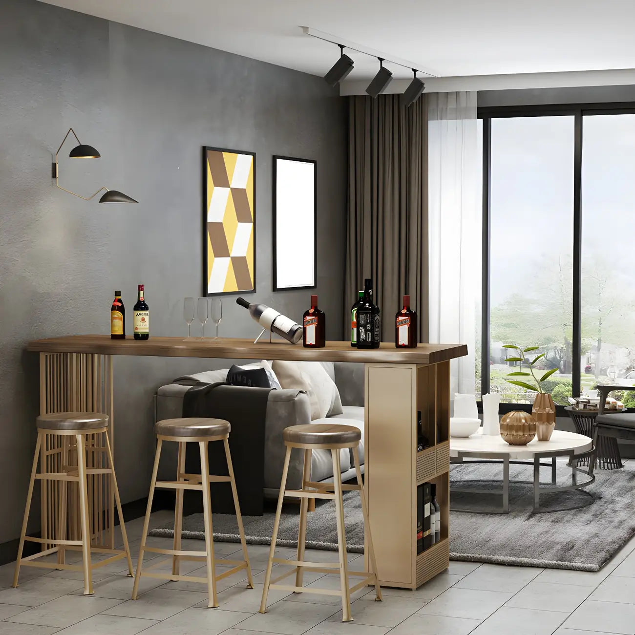 Modern Brown Gold Wooden Iron Storage Bar Tables