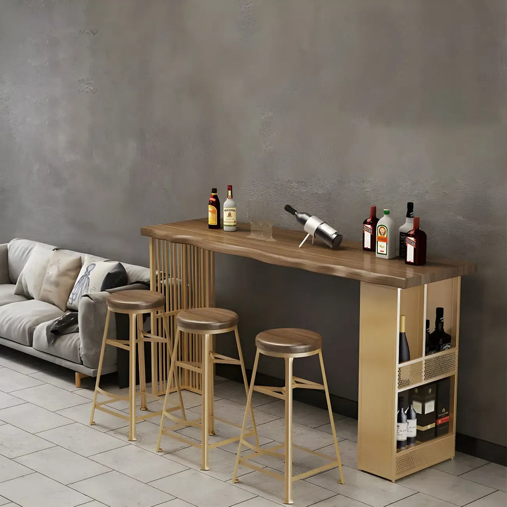 Modern Brown Gold Wooden Iron Storage Bar Tables