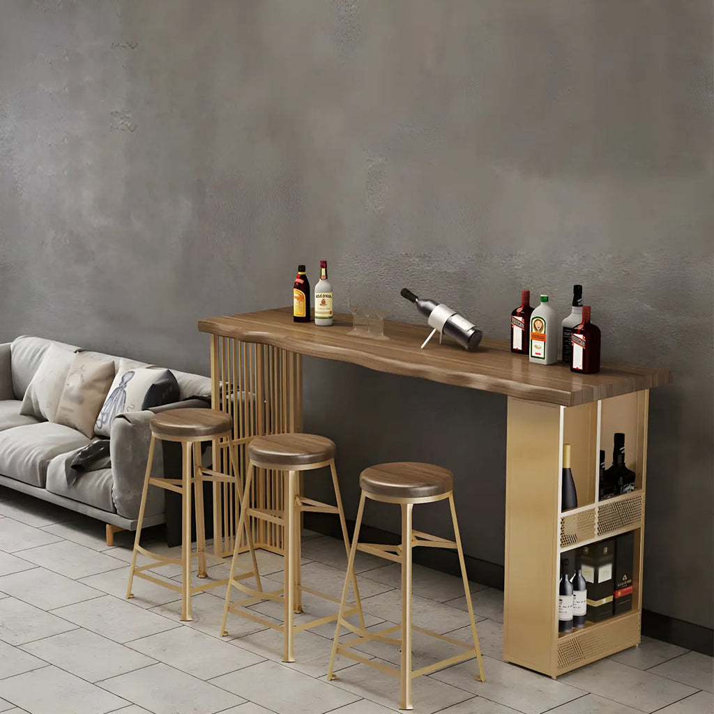 Modern Brown Gold Wooden Iron Storage Bar Tables