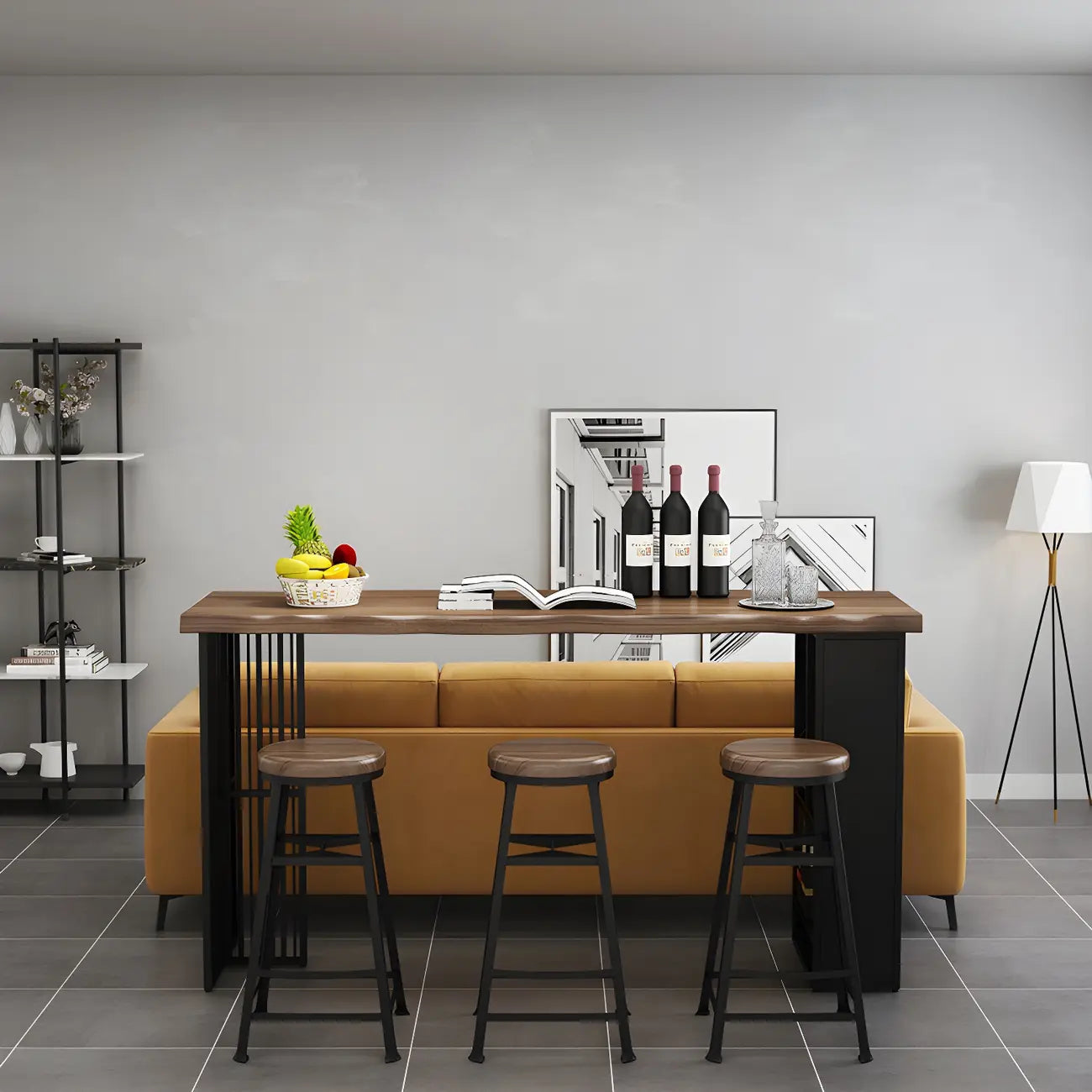 Modern Brown Gold Wooden Iron Storage Bar Tables