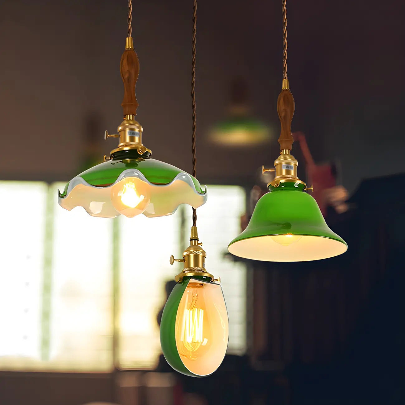 Vintage Green Glass Brass Rope Pendant Light Adjustable