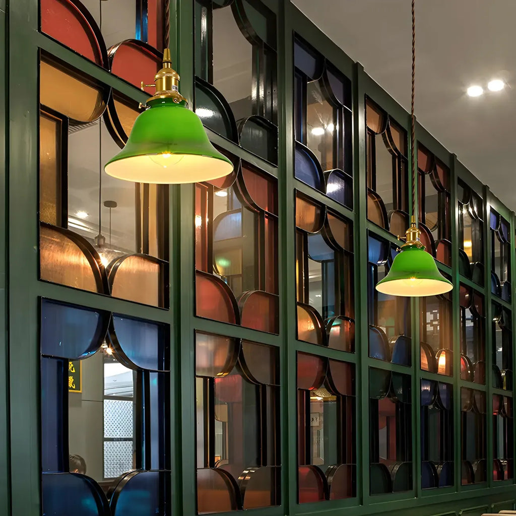 Vintage Green Glass Brass Rope Pendant Light Adjustable