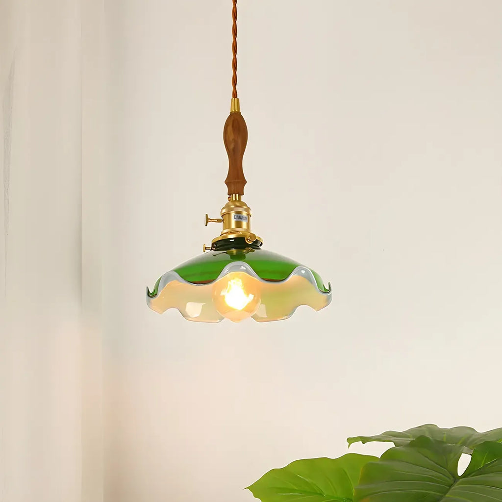 Vintage Green Glass Brass Rope Pendant Light Adjustable