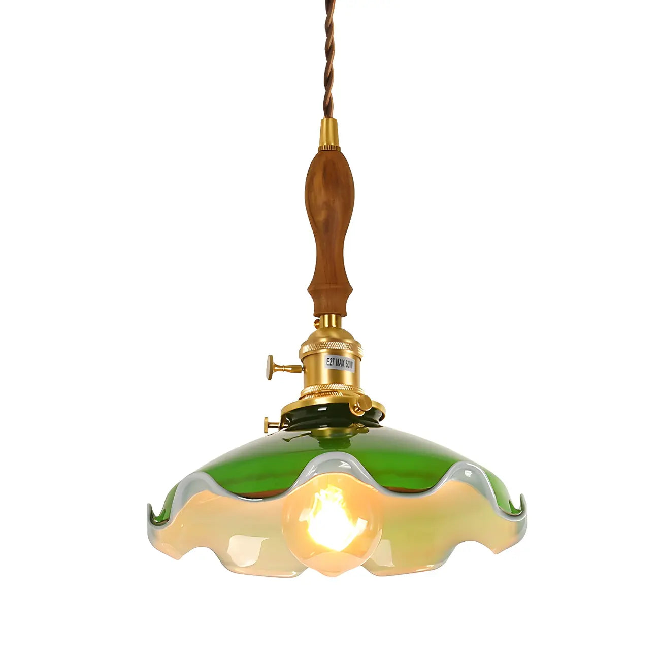 Vintage Green Glass Brass Rope Pendant Light Adjustable