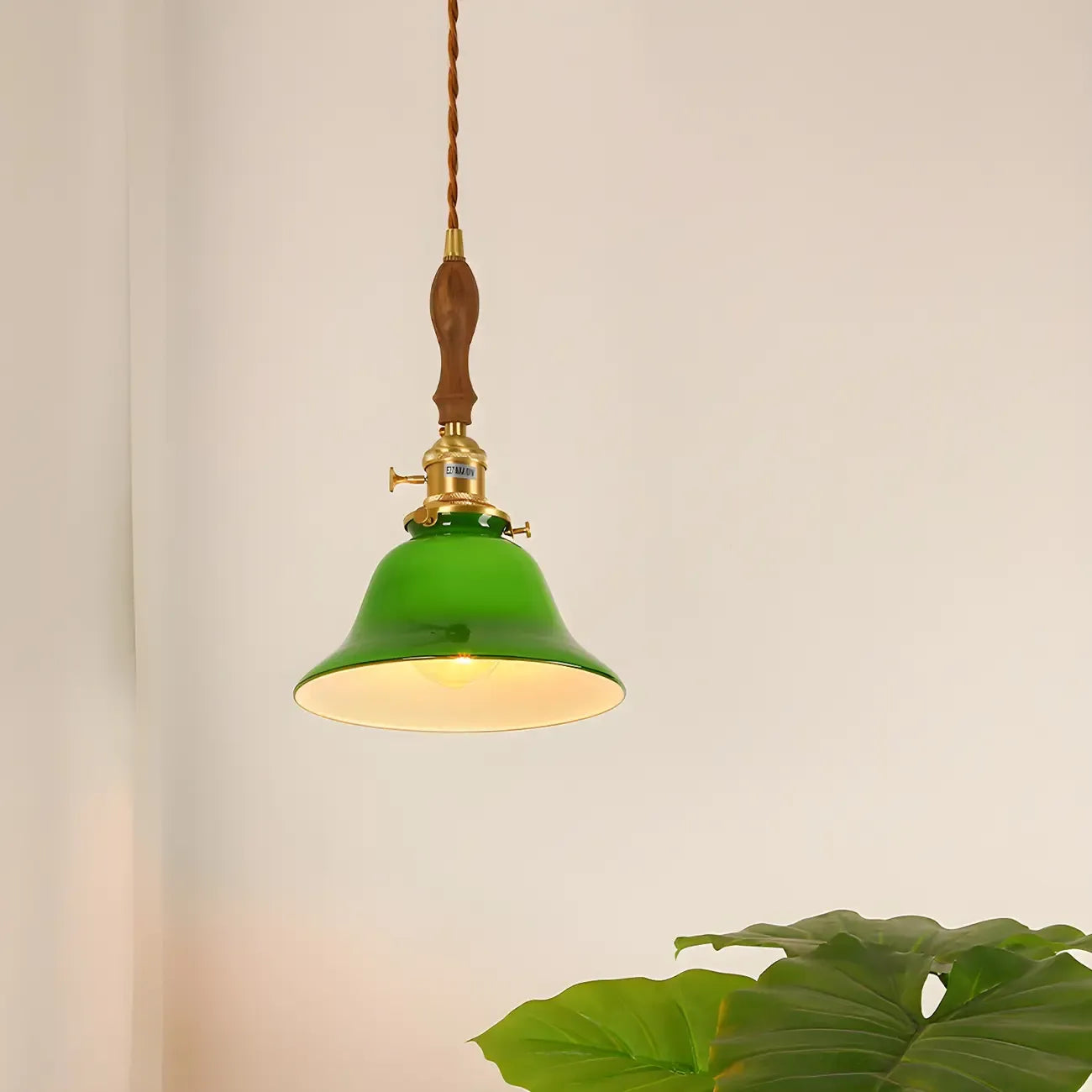 Vintage Green Glass Brass Rope Pendant Light Adjustable