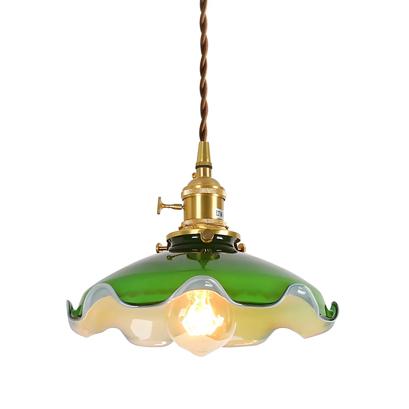 Vintage Green Glass Brass Rope Pendant Light Adjustable