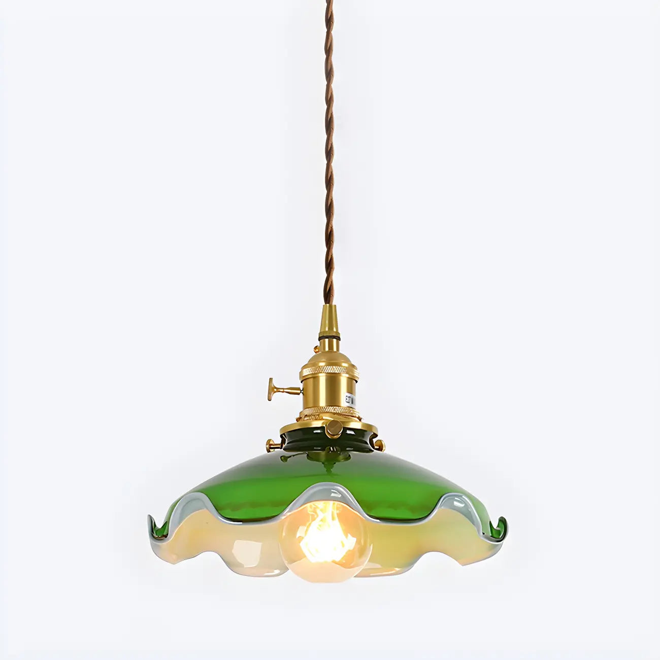 Vintage Green Glass Brass Rope Pendant Light Adjustable