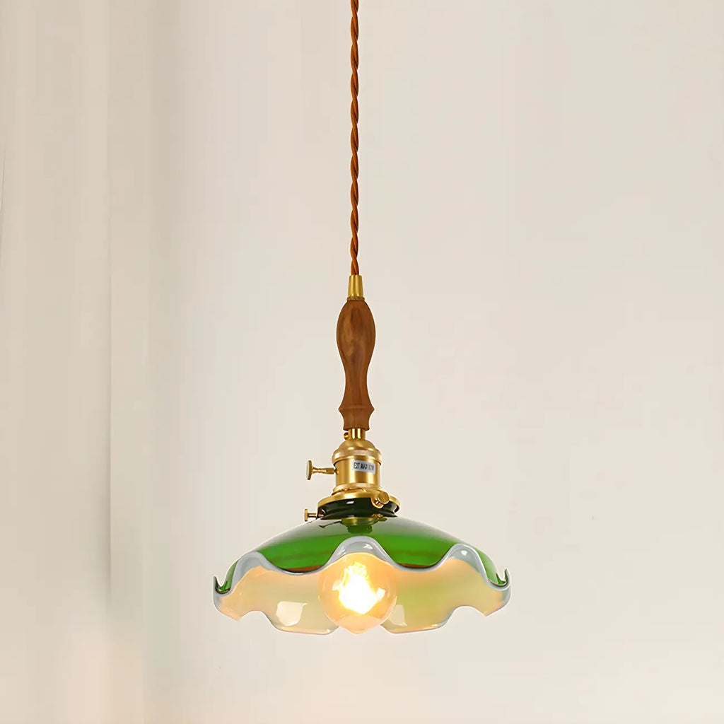 Vintage Green Glass Brass Rope Pendant Light Adjustable