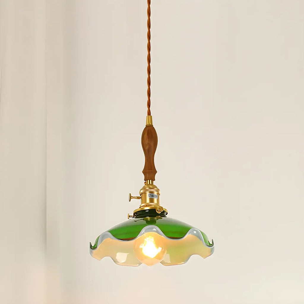 Vintage Green Glass Brass Rope Pendant Light Adjustable