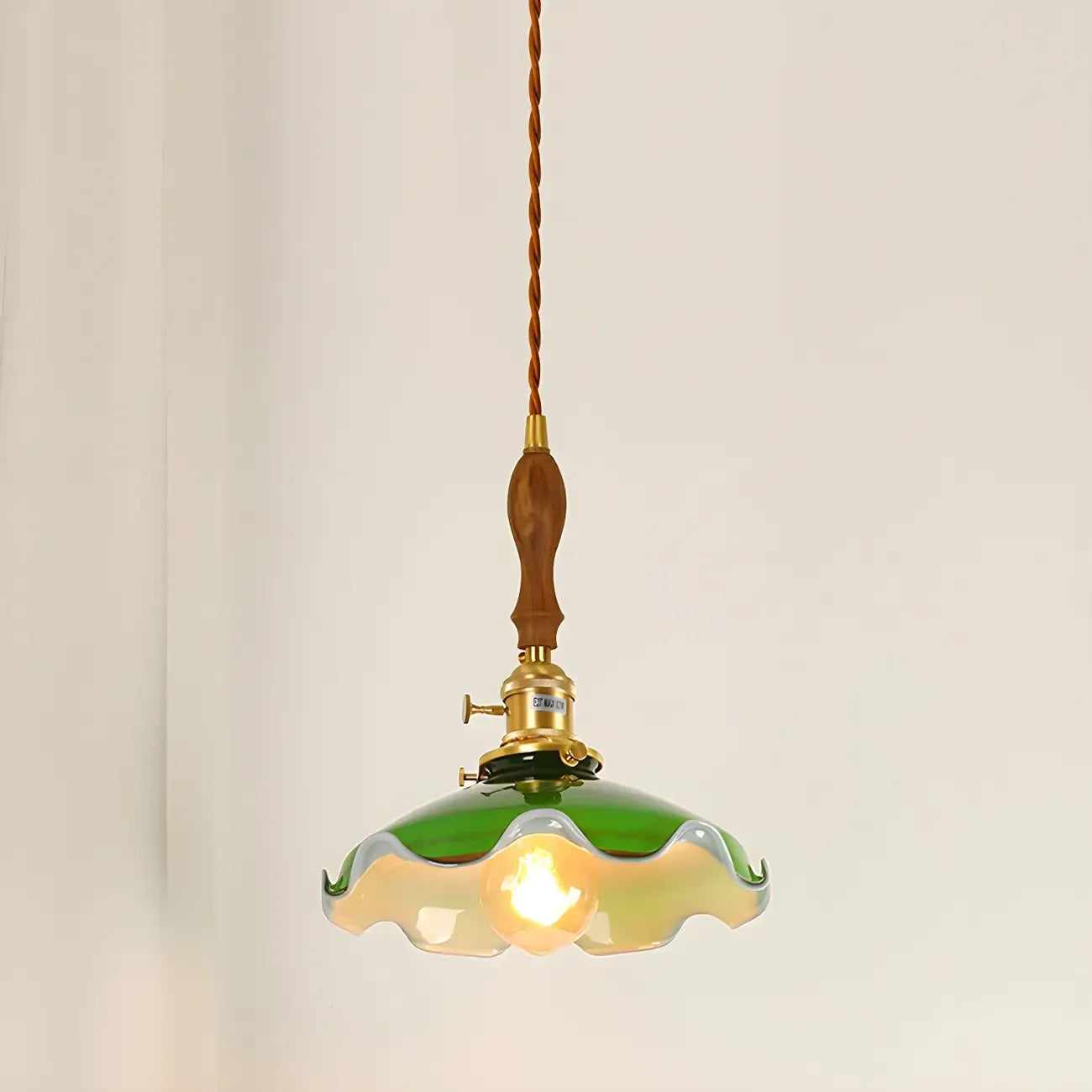 Vintage Green Glass Brass Rope Pendant Light Adjustable