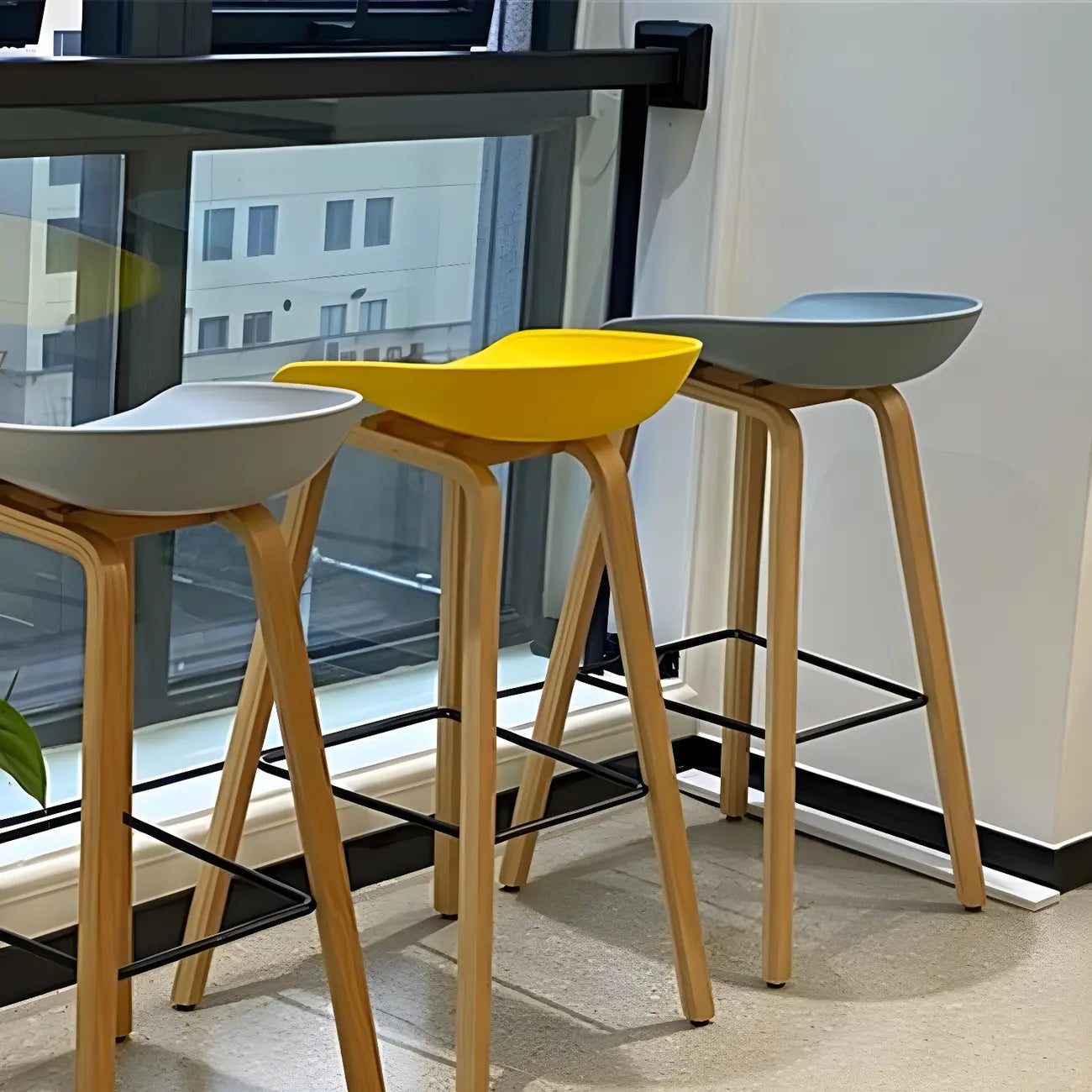 Mid-Century Modern Plastic Bar Stool with Wood Legs