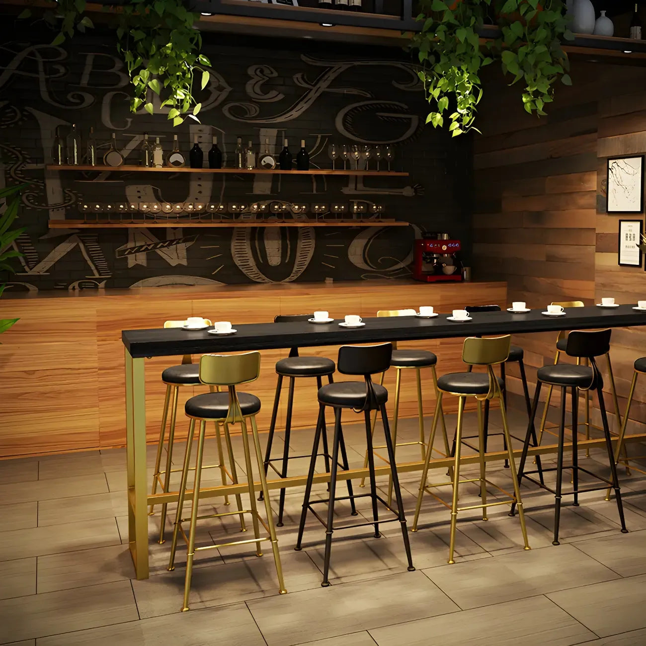Black Gold Glam Metal Pine Wood Bar Tables with Footrest