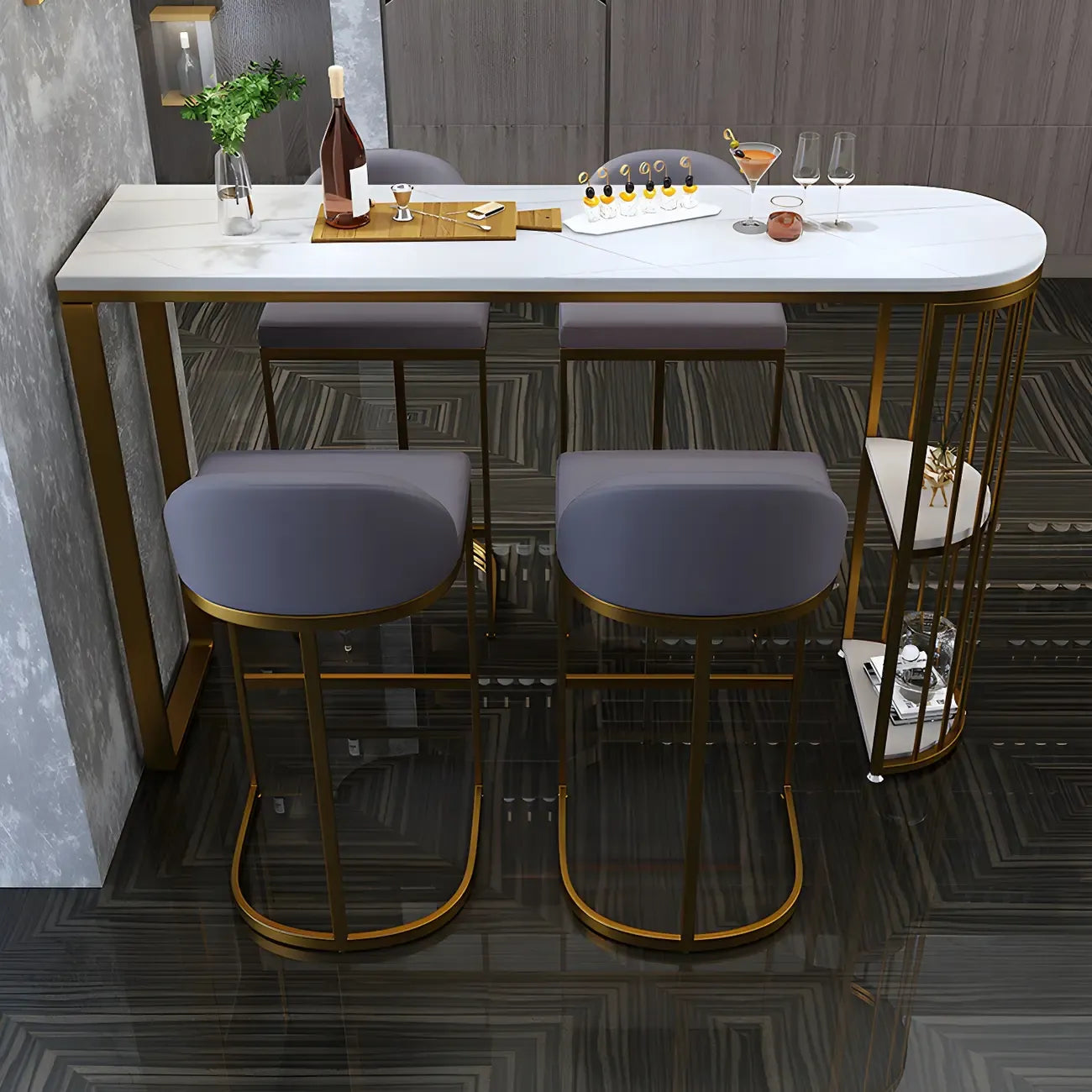 Modern Faux Marble Bar Table with Metal Frame for Kitchen