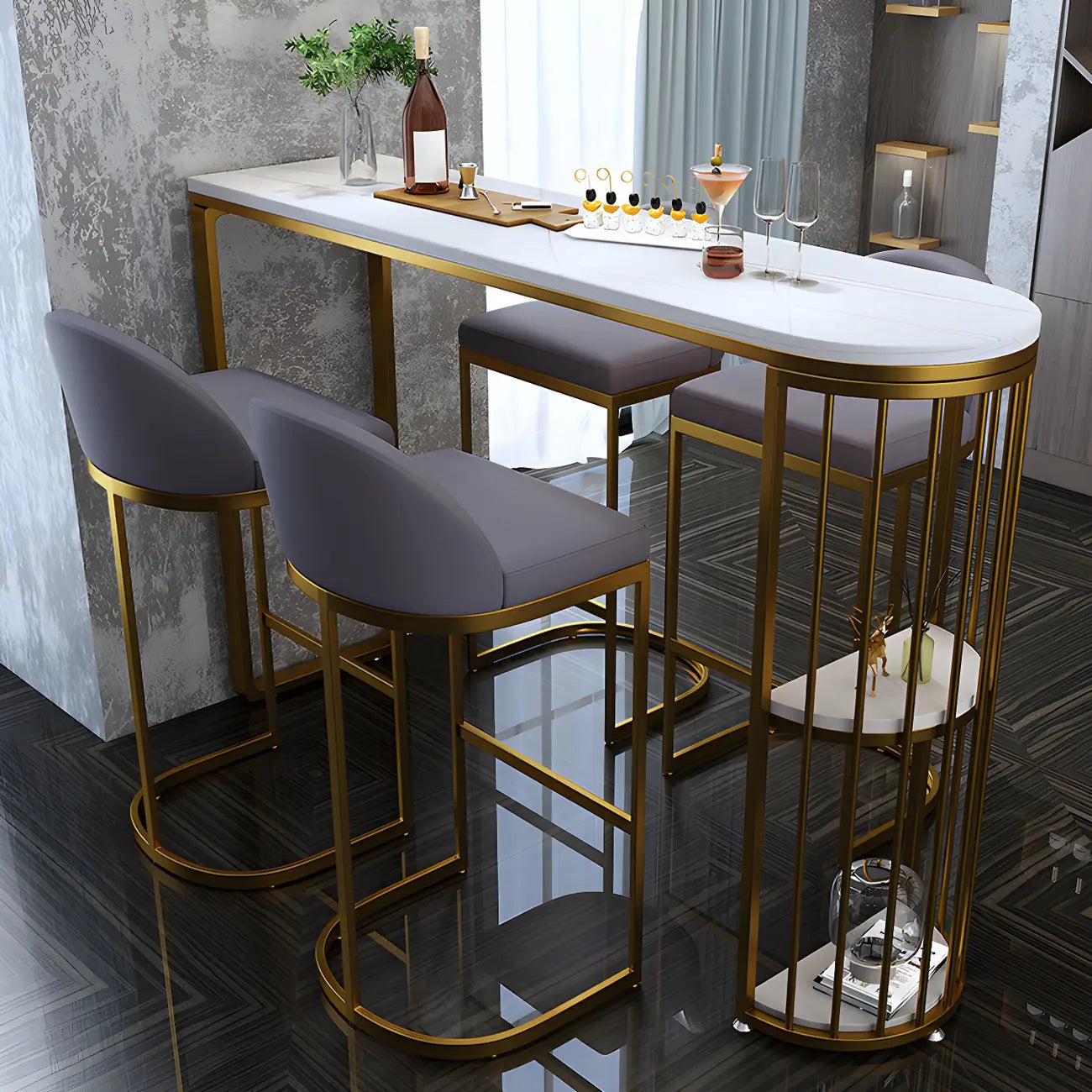 Modern Faux Marble Bar Table with Metal Frame for Kitchen
