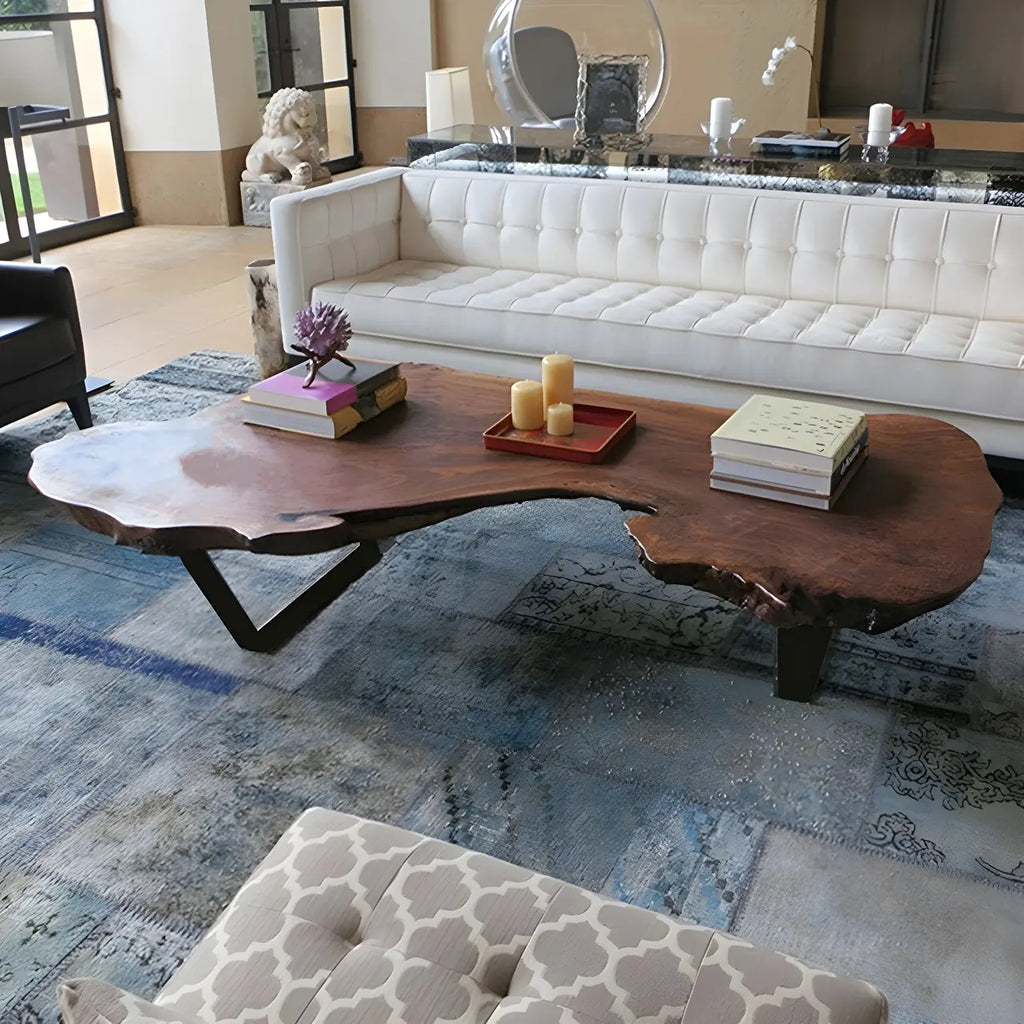 Geometric Modern Red Wood Top Steel Base Coffee Table