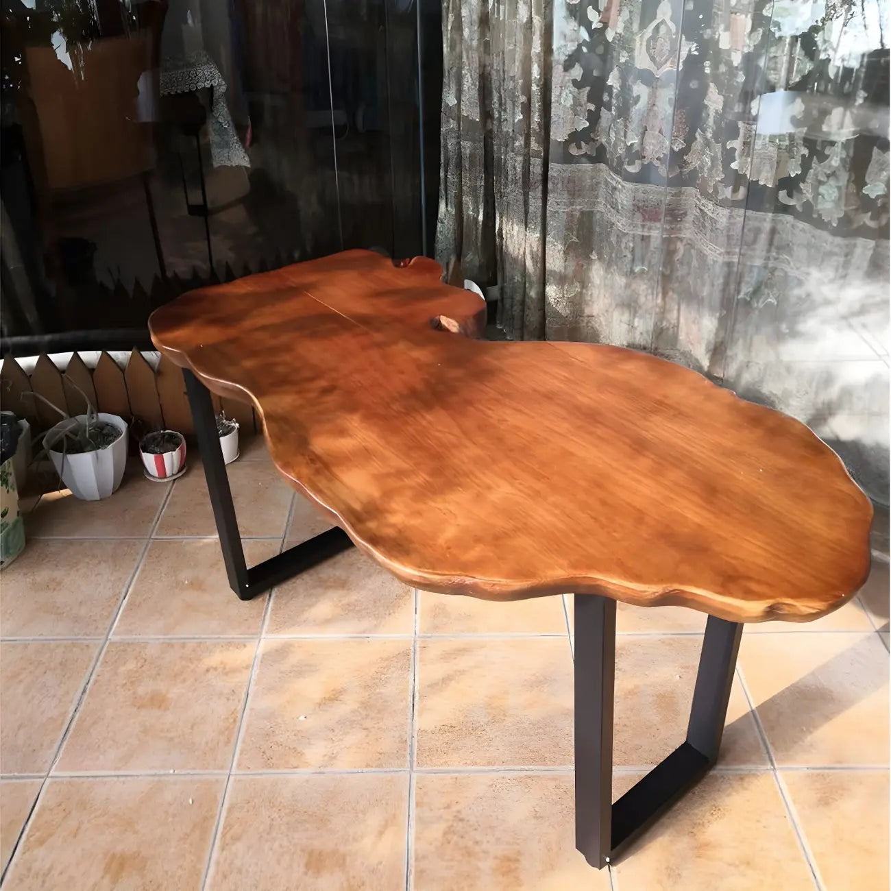 Geometric Modern Red Wood Top Steel Base Coffee Table